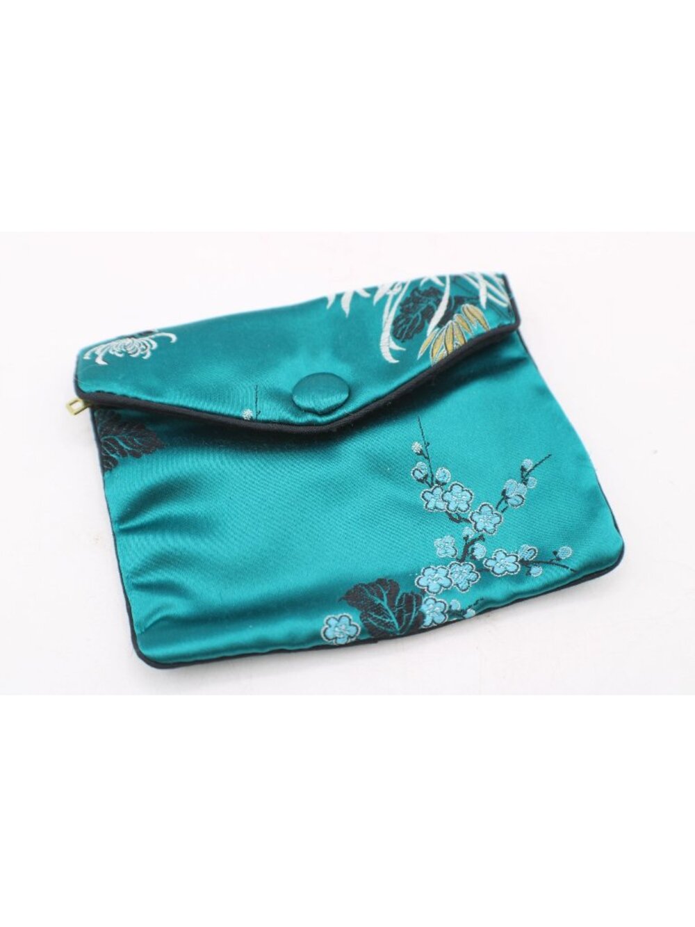 Vintage Teal Floral Brocade Satin Snap Pouch Zip Compartment Pocket Fit
